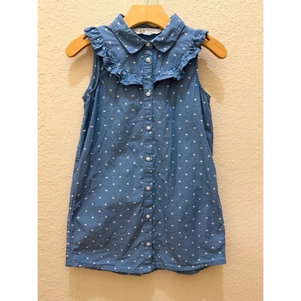 H&M Girls Chambray Heart Dress Sleeveless Cottagecore Ruffle Collar Button Down